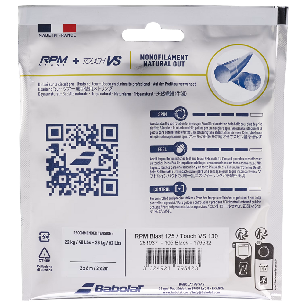 Babolat Spin & Feel (RPM Blast 17/1.25 & Babolat Touch VS 16/1.30) Hybrid Tennis String